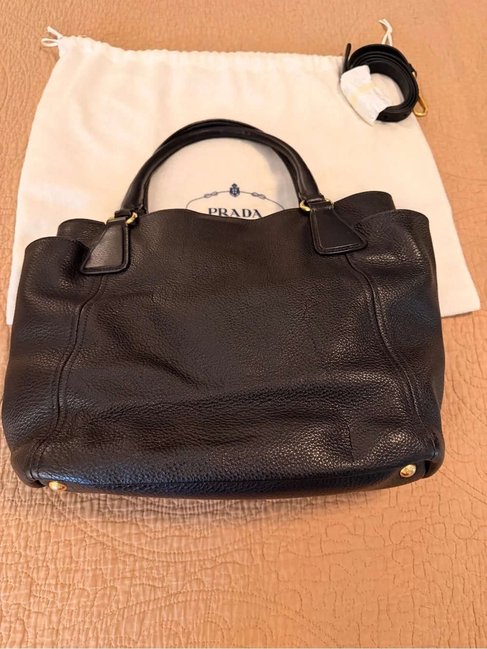 Prada Daino Side Pocket Black Pebbled Leather Tote with Gold Logo
